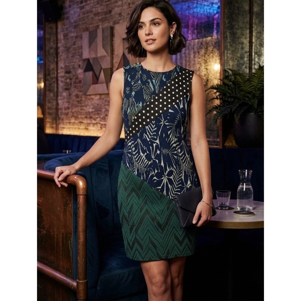 Desigual M Sleeveless Bodycon Knit Sheath Dress Navy Green Jacquard Mixed Print